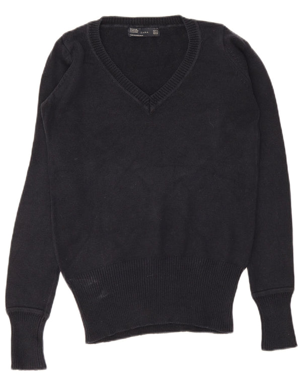 Maglione maglione con scollo a V da donna Zara UK 12 cotone blu navy medio