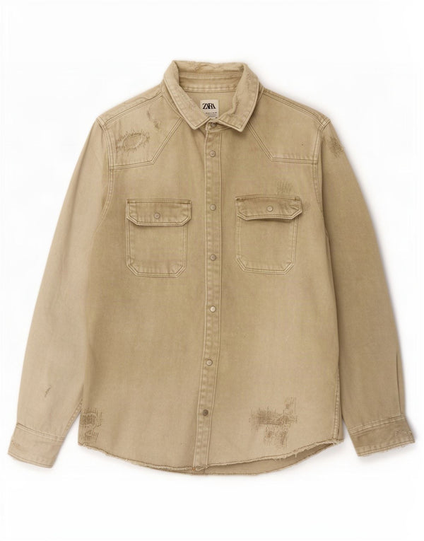 Zara Mens Relaxed Fit Denim Shirt Large Khaki Cotton