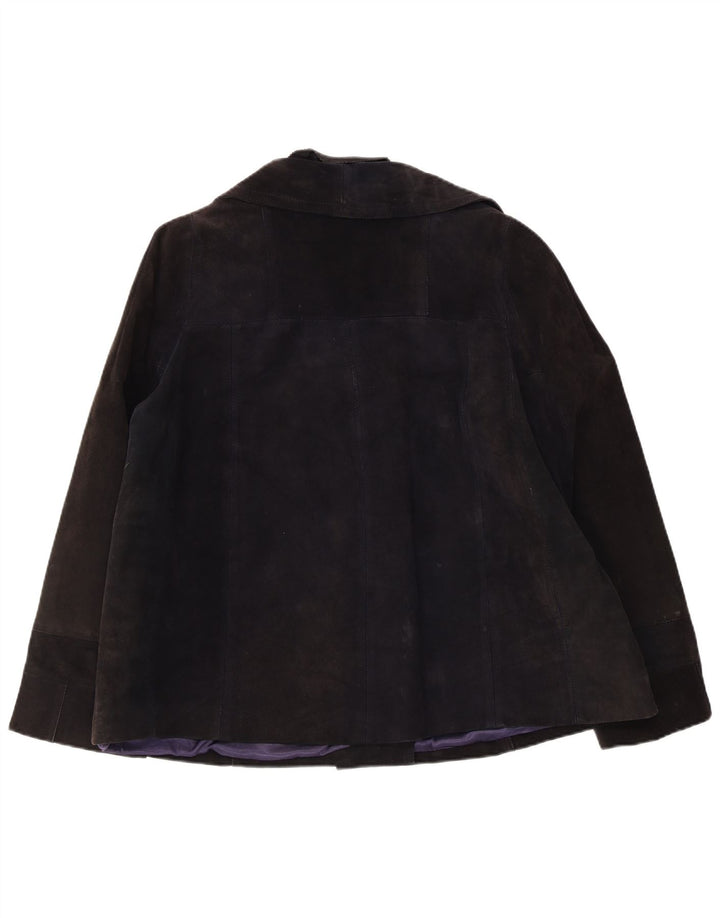 Giacca blazer vintage da donna in pelle scamosciata a 3 bottoni UK 16 grande blu navy
