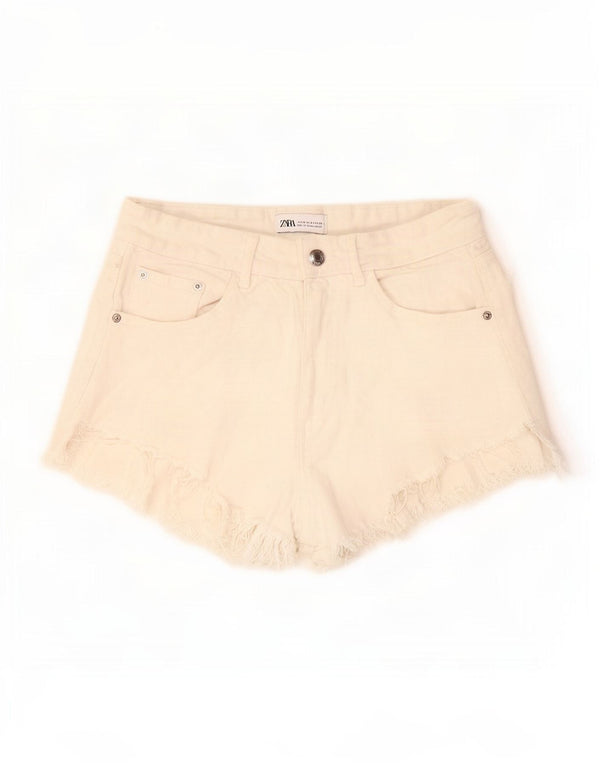Pantaloncini in denim invecchiato da donna Zara EU 38 piccoli W28 cotone bianco sporco
