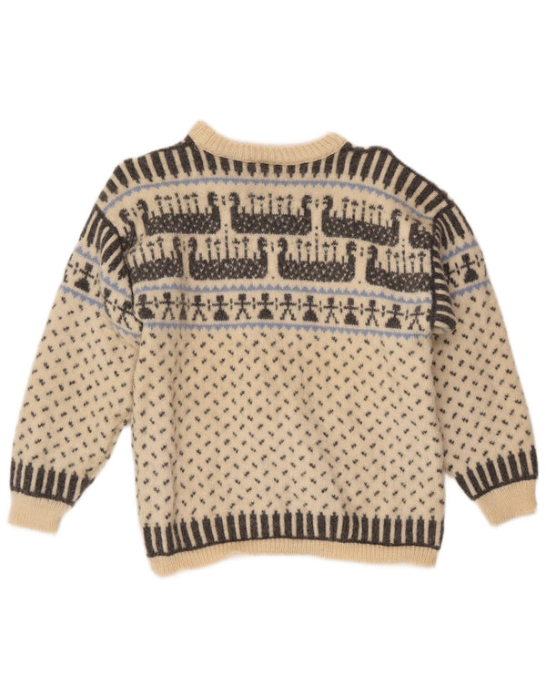 Maglione maglione con scollo a barca da donna VOSS UK 10 piccolo lana Fair Isle bianco sporco