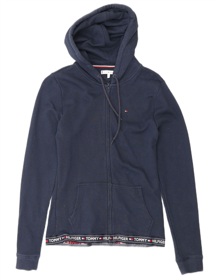 TOMMY HILFIGER Maglione con cappuccio e zip grafica da donna UK 12 Medio Blu Navy