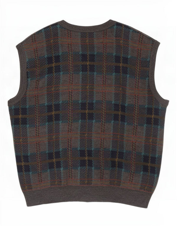 Maglione cardigan senza maniche vintage da uomo IT 54 XL lana a quadri grigia