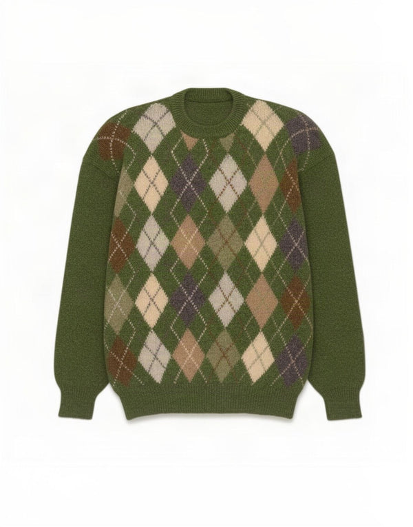 Maglione maglione girocollo vintage da uomo XL verde a rombi/diamante