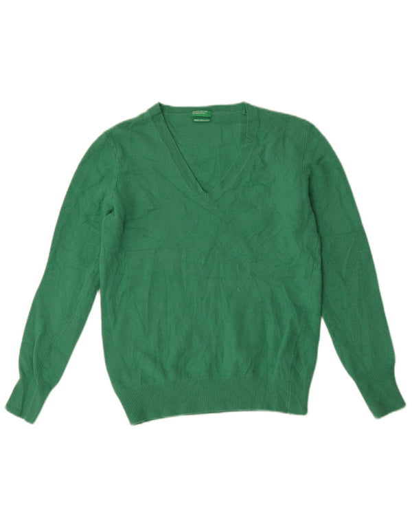 Maglione da donna con scollo a V Benetton UK 14 Large Green Wool