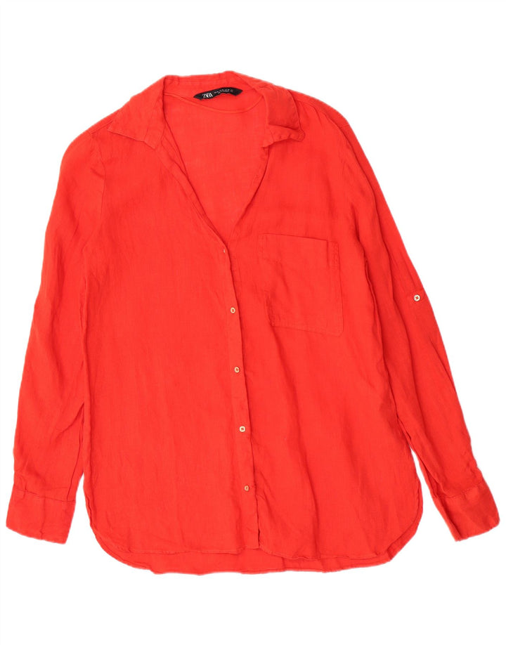 Camicia Regular a Maniche Lunghe da Donna Zara UK 14 Lino Rosso Medio