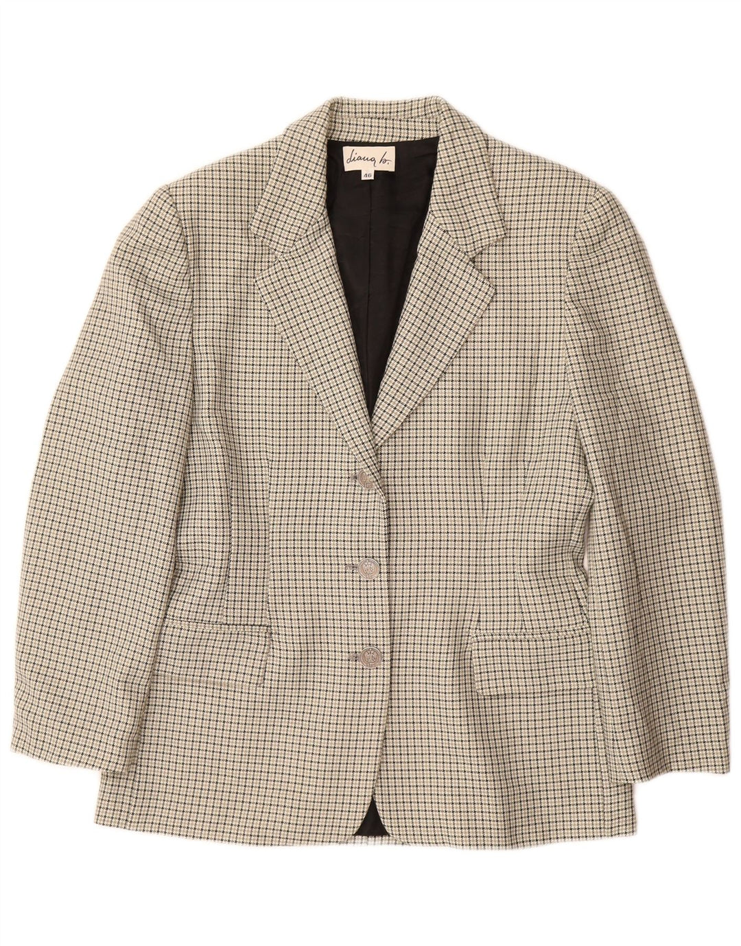Giacca blazer da donna a 3 bottoni VINTAGE IT 46 grande lana pied de poule grigia