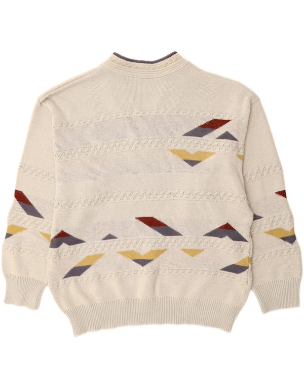 Maglione vintage da uomo con scollo a V XL bianco geometrico