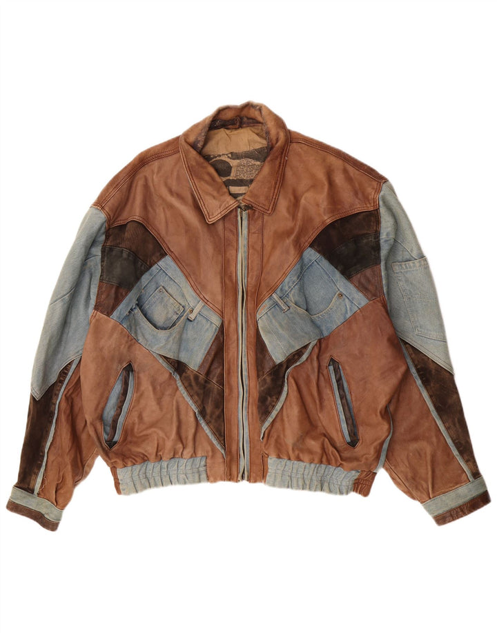Giacca in pelle bomber da uomo vintage UK 42 XL in pelle patchwork marrone