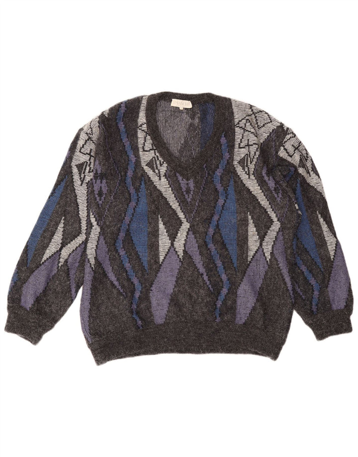 Maglione vintage da uomo con scollo a V IT 54 XL Lana geometrica grigia