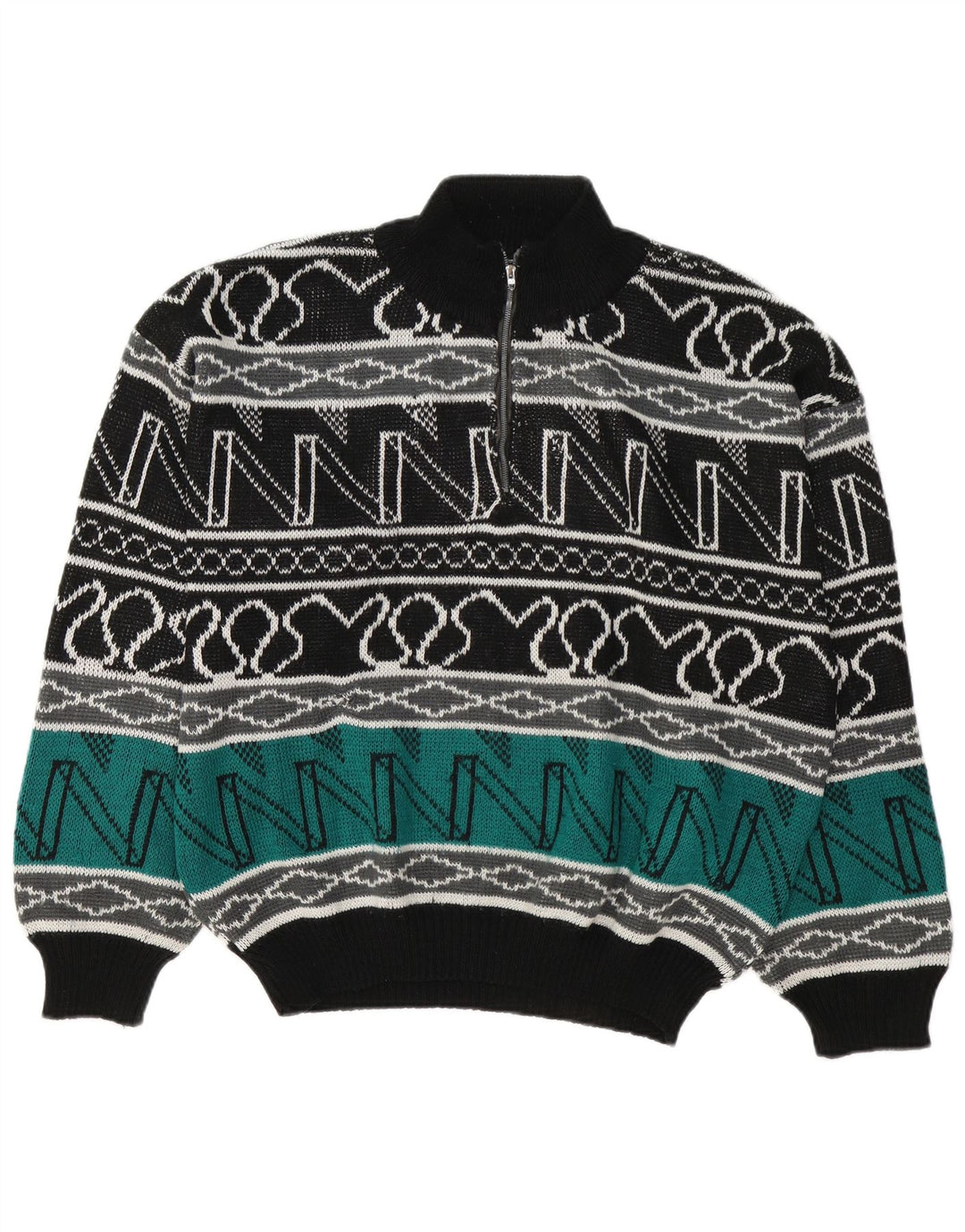 Maglione vintage da uomo con zip e collo grande geometrico multicolore