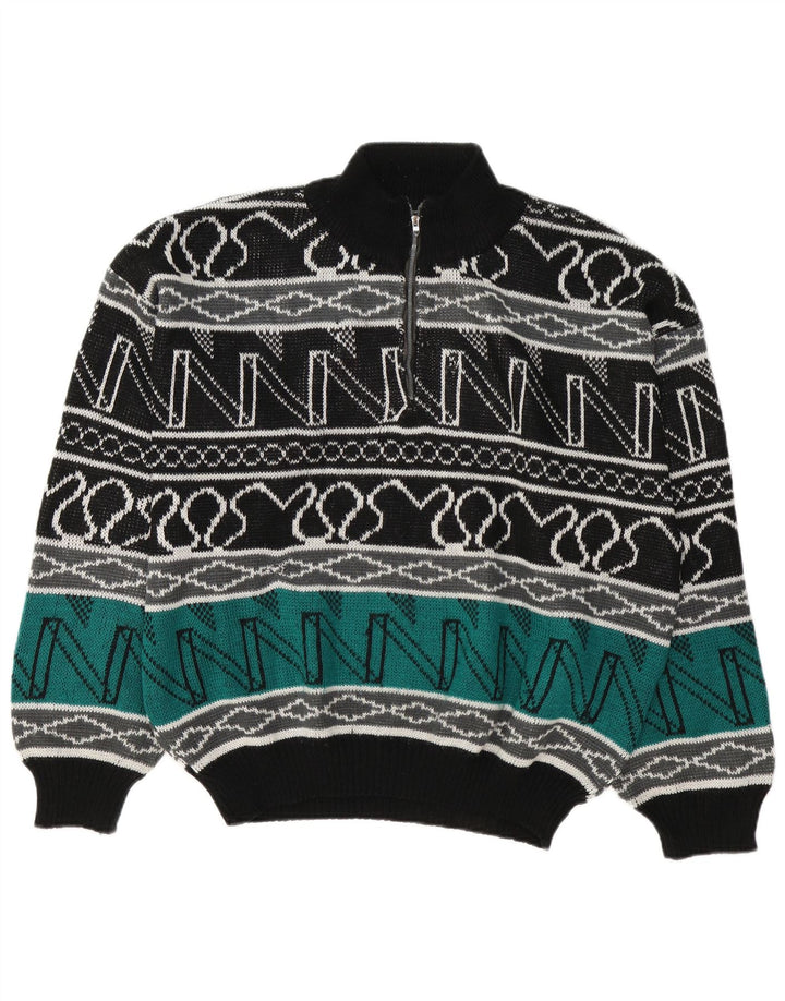 Maglione vintage da uomo con zip e collo grande geometrico multicolore