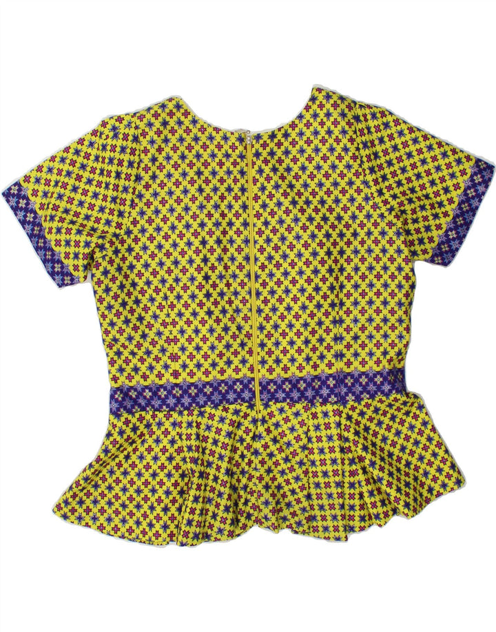 VINTAGE Womens Abstract Pattern Blouse Top UK 14 Large Yellow Cotton Vintage Vintage and Second-Hand Vintage from Messina Hembry 