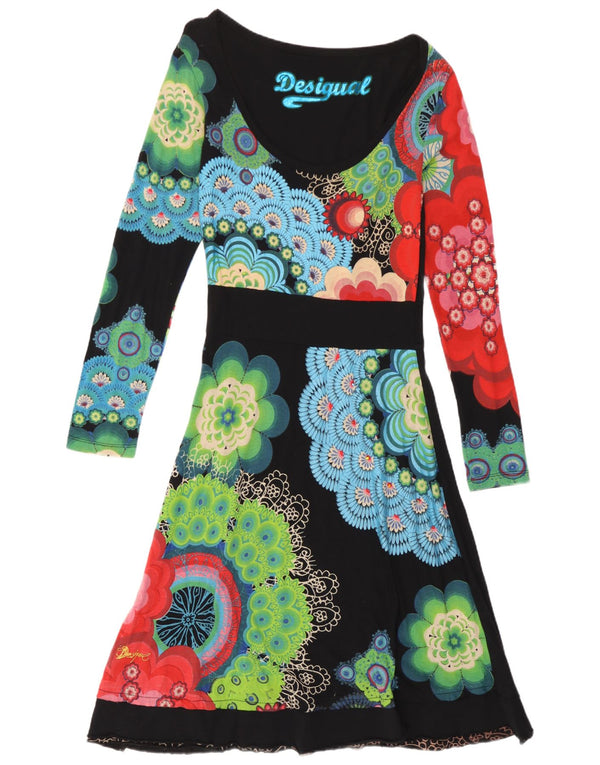 Desigual Abito da donna a maniche lunghe a linea A UK 12 Cotone floreale nero medio