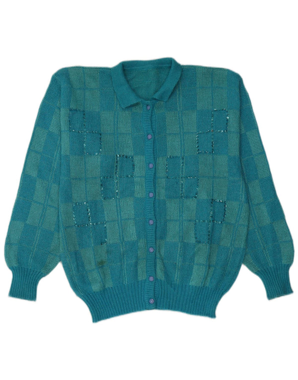 Maglione cardigan da donna vintage UK 16 grande viscosa a quadri turchese