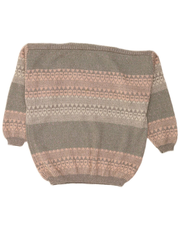 Maglione maglione vintage da donna con scollo a barca UK 18 XL Lana a righe kaki