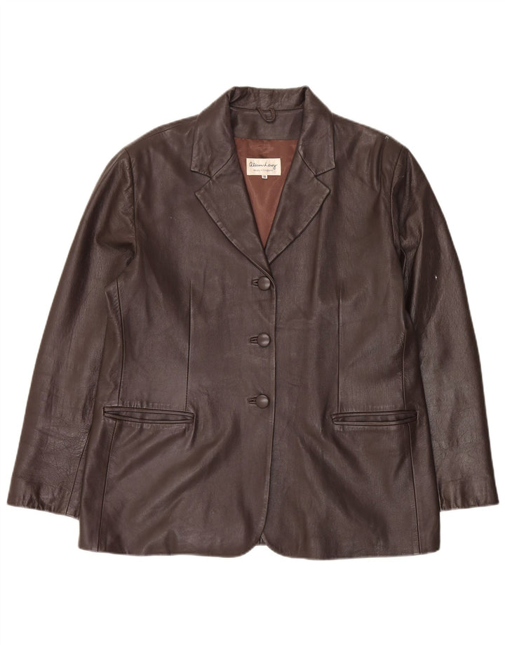 Giacca blazer in pelle vintage da donna a 3 bottoni UK 18 XL in pelle marrone