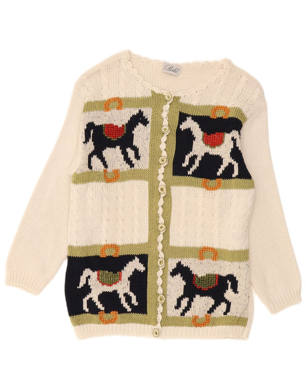 Maglione cardigan grafico da donna vintage UK 16 grande cotone bianco sporco