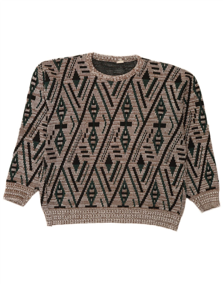 Maglione girocollo da uomo vintage IT 52 Grande motivo geometrico multicolore