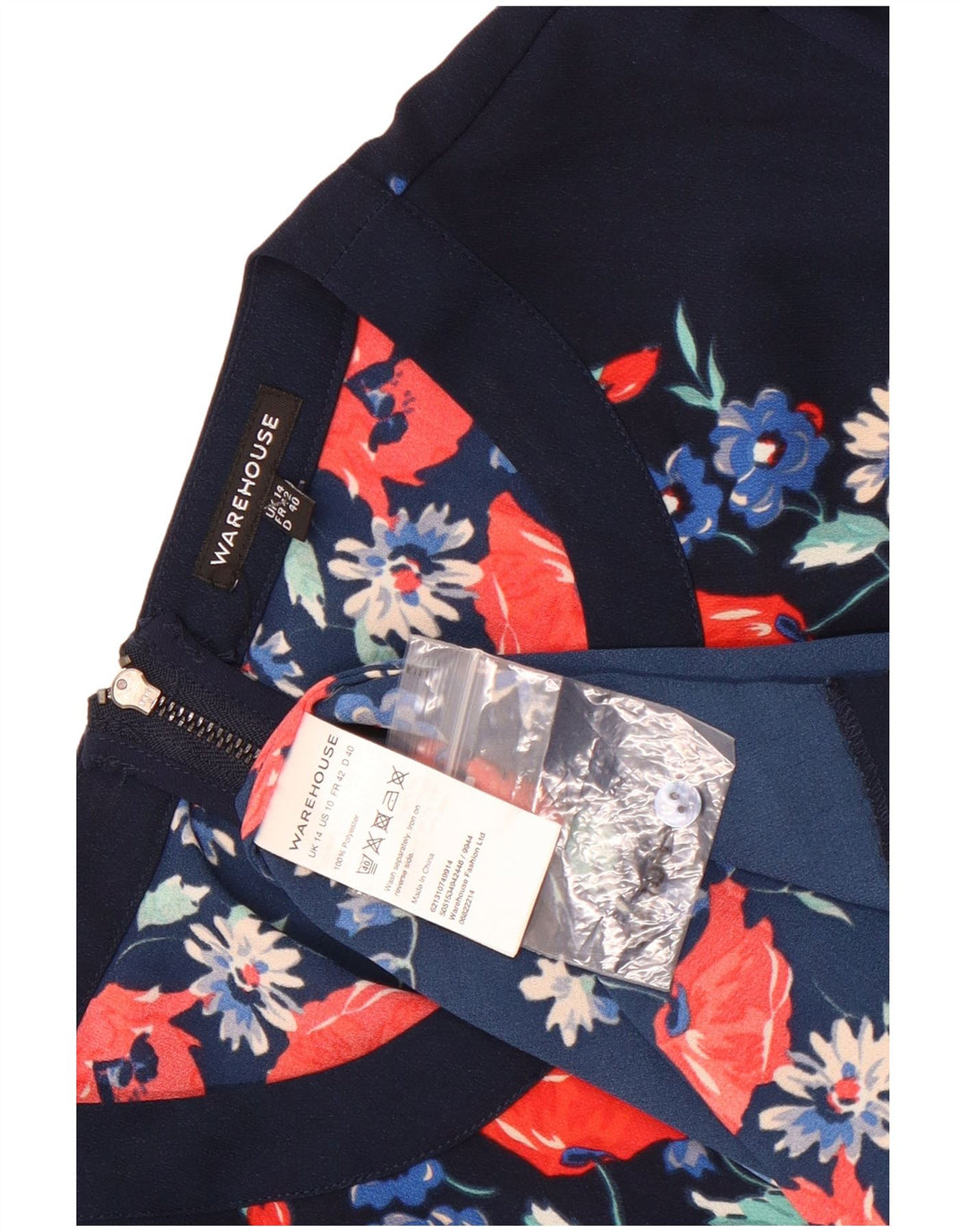 Abito a trapezio a maniche lunghe da donna Warehouse UK 14 Blu navy medio floreale