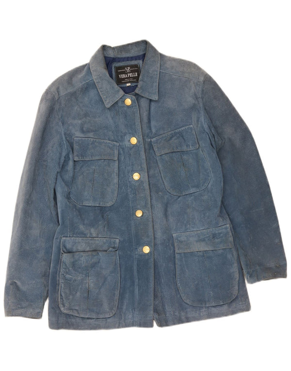 Giacca da donna in pelle scamosciata Lavorazione Artigiana UK 14 Large in pelle blu