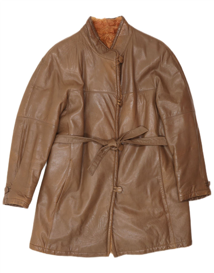 Cappotto in pelle vintage da donna UK 14 in pelle marrone medio