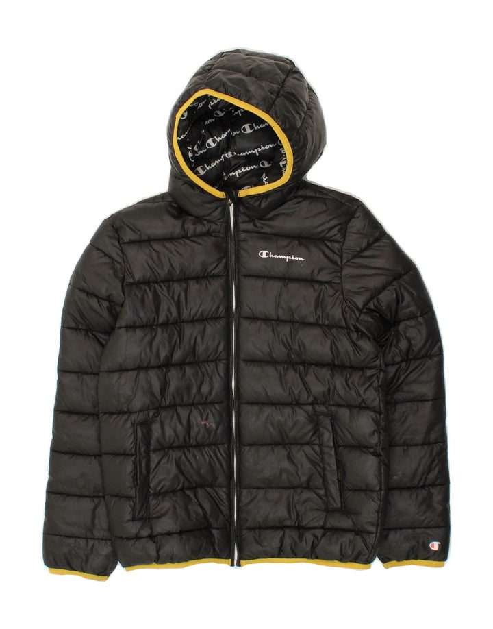 CHAMPION Boys Hooded Padded Jacket 11-12 Years Large  Black Polyester Vintage Champion and Second-Hand Champion from Messina Hembry 