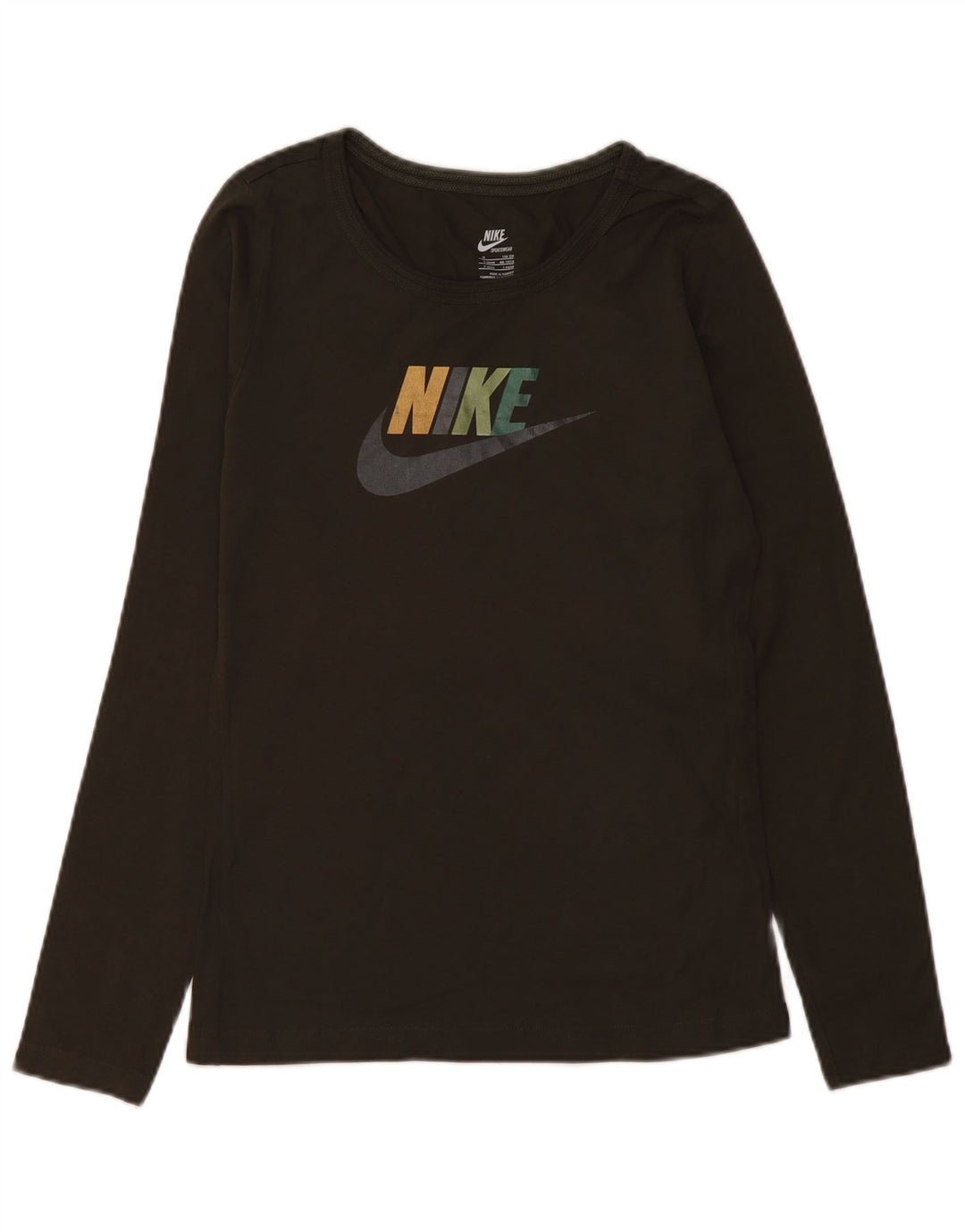 Top grafico da donna Nike manica lunga UK 10/12 cotone kaki medio