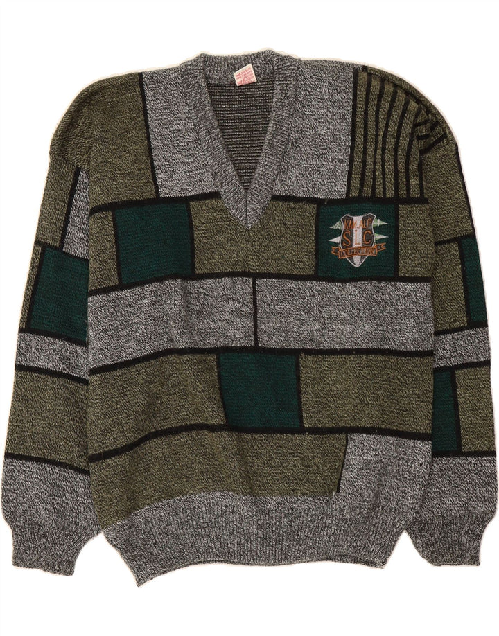VINTAGE Mens V-Neck Jumper Sweater XL Grey Check Vintage Vintage and Second-Hand Vintage from Messina Hembry 