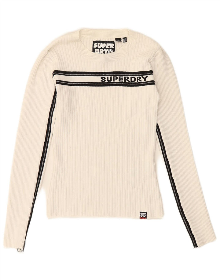 Maglione maglione girocollo con grafica da donna SUPERDRY UK 8 piccolo a righe bianche
