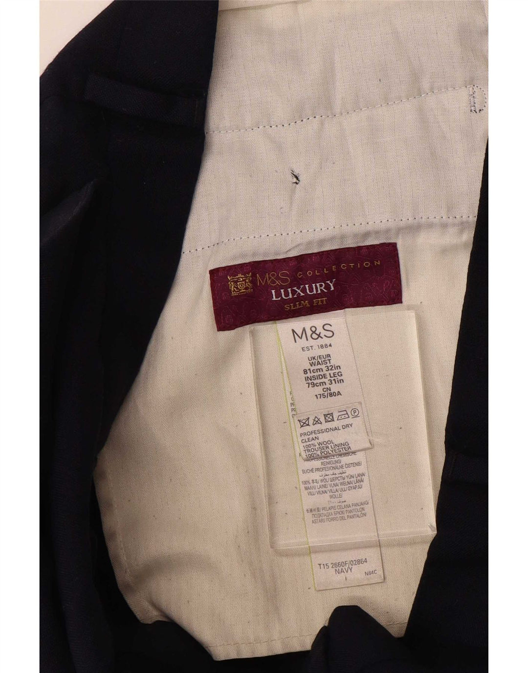 Pantaloni da abito slim fit da uomo Marks & Spencer W32 L31 lana blu navy