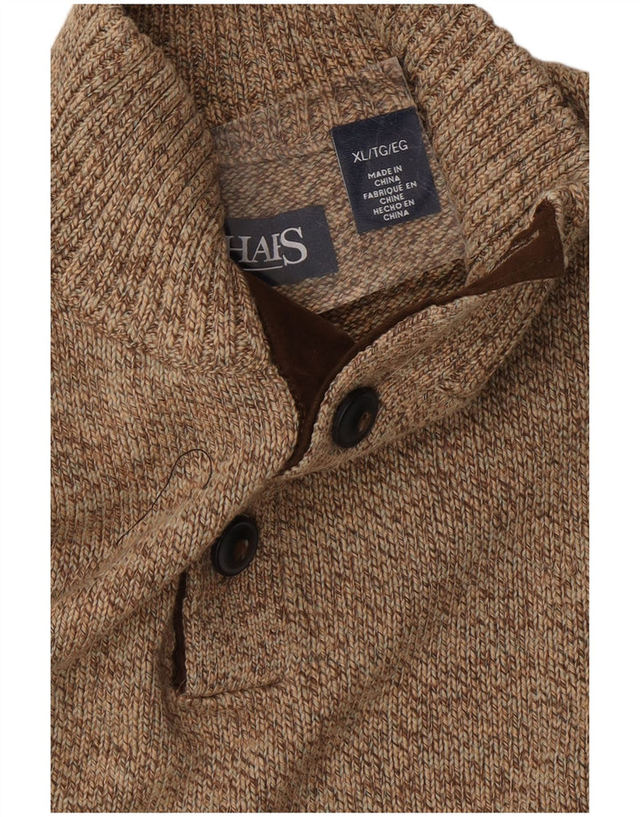 CHAPS Mens Button Neck Jumper Sweater XL Brown Flecked Cotton