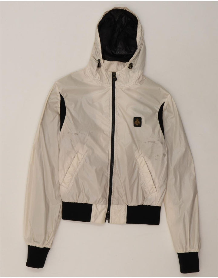 REFRIGIWEAR Womens Hooded Rain Jacket UK 14 Medium Off White Colourblock Vintage Refrigiwear and Second-Hand Refrigiwear from Messina Hembry 