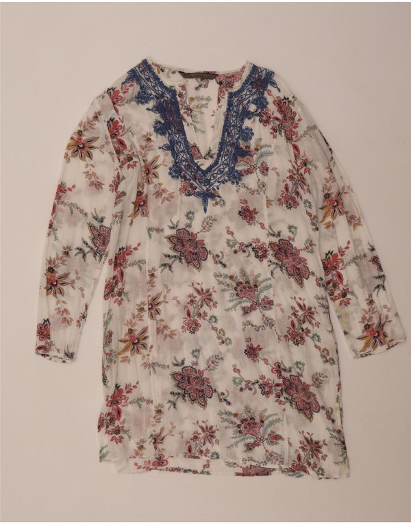 Abito tunica da spiaggia da donna Zara UK 16 grande cotone floreale bianco sporco