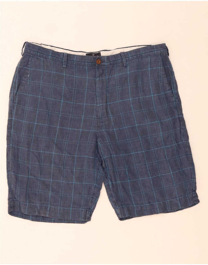 MARKS & SPENCER Pantaloncini chino da uomo W40 XL Lino a quadri blu navy