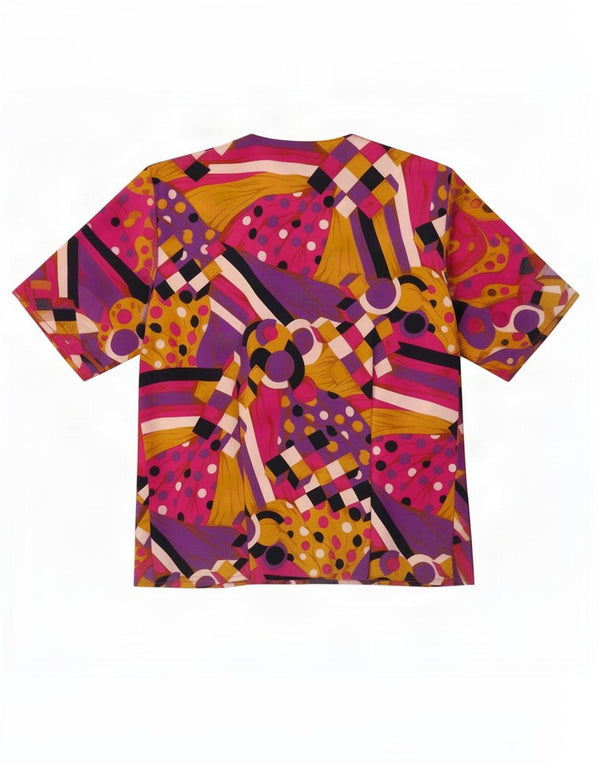 Camicetta camicia vintage da donna UK 14 grande geometrica multicolore
