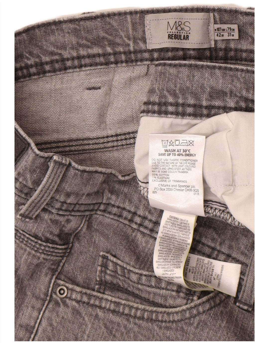 Jeans dritti vestibilità regolare da uomo Marks & Spencer W42 L31 cotone grigio