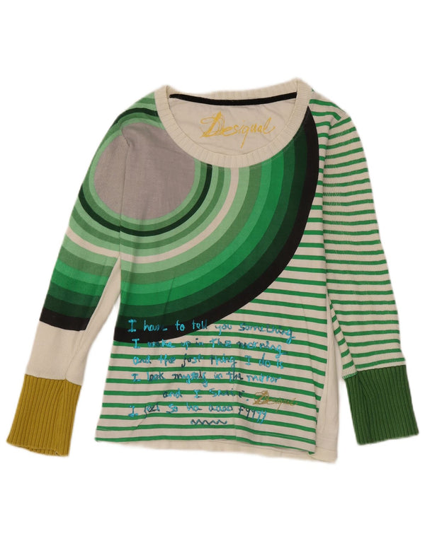 Desigual Donna Graphic Top Manica Lunga UK 12 Medio Bianco a Righe