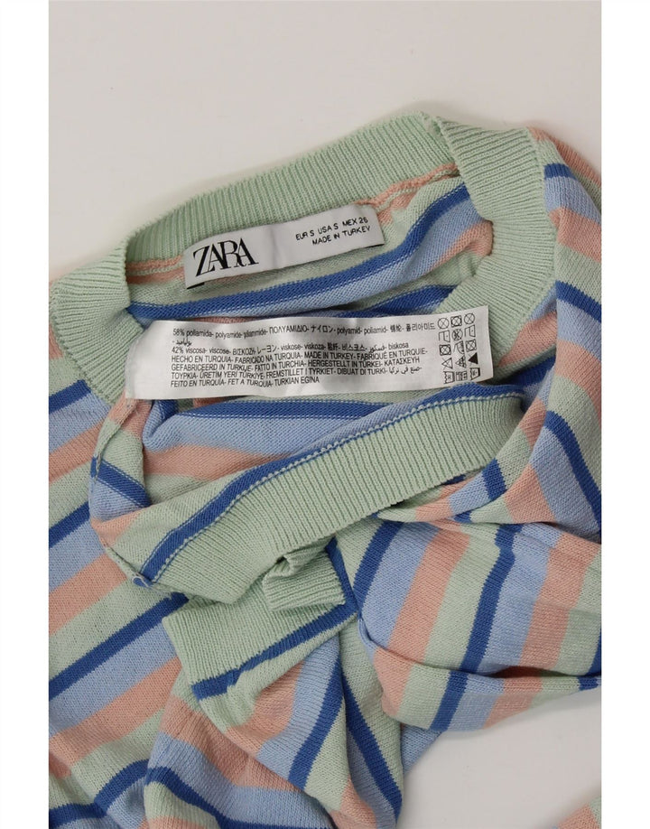 ZARA Maglione Girocollo Corto da Donna UK 8 Piccolo a Righe Multicolori