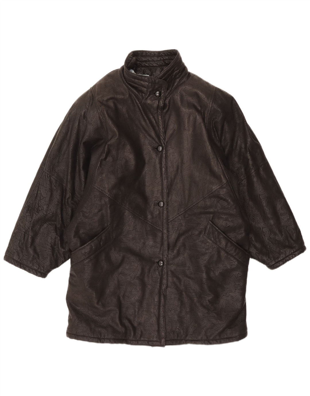 Cappotto oversize in pelle vintage da donna UK 20 2XL Nero geometrico