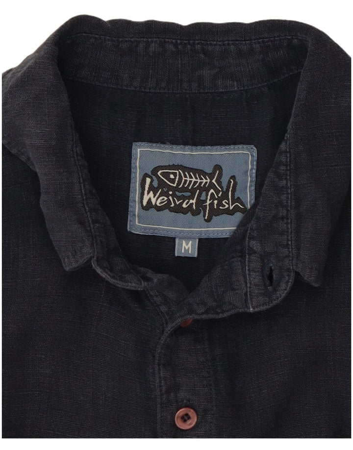 WEIRD FISH Mens Short Sleeve Pullover Shirt Medium Navy Blue Linen