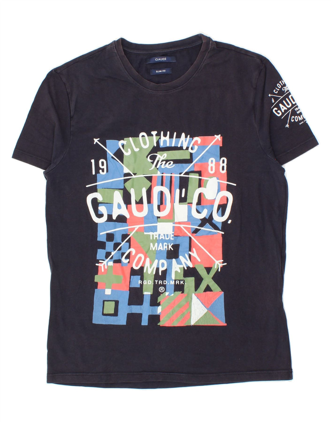 GAUDI Mens Slim Fit Graphic T-Shirt Top Medium Navy Blue Cotton Vintage Gaudi and Second-Hand Gaudi from Messina Hembry 
