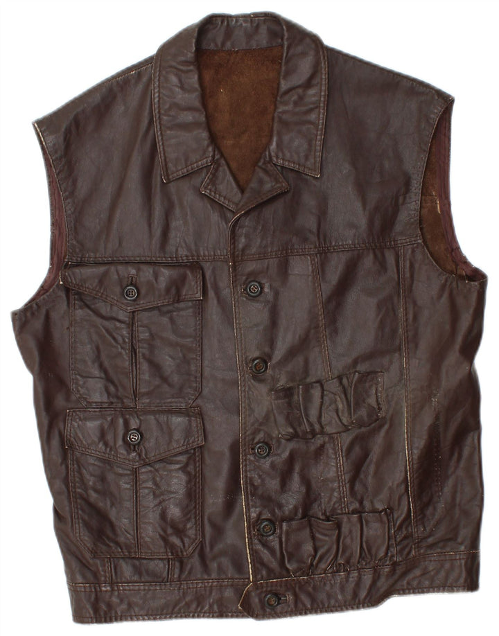 Gilet in pelle da uomo vintage UK 36 piccolo marrone