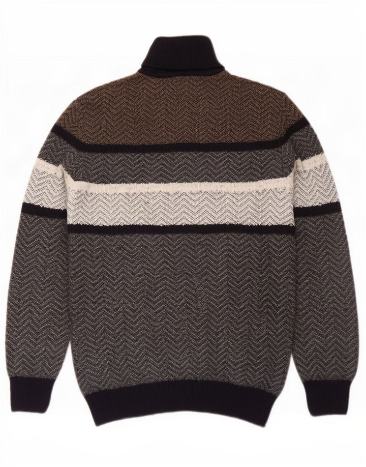 Maglione vintage da uomo con collo alto e maglione grande in lana Chevron grigia