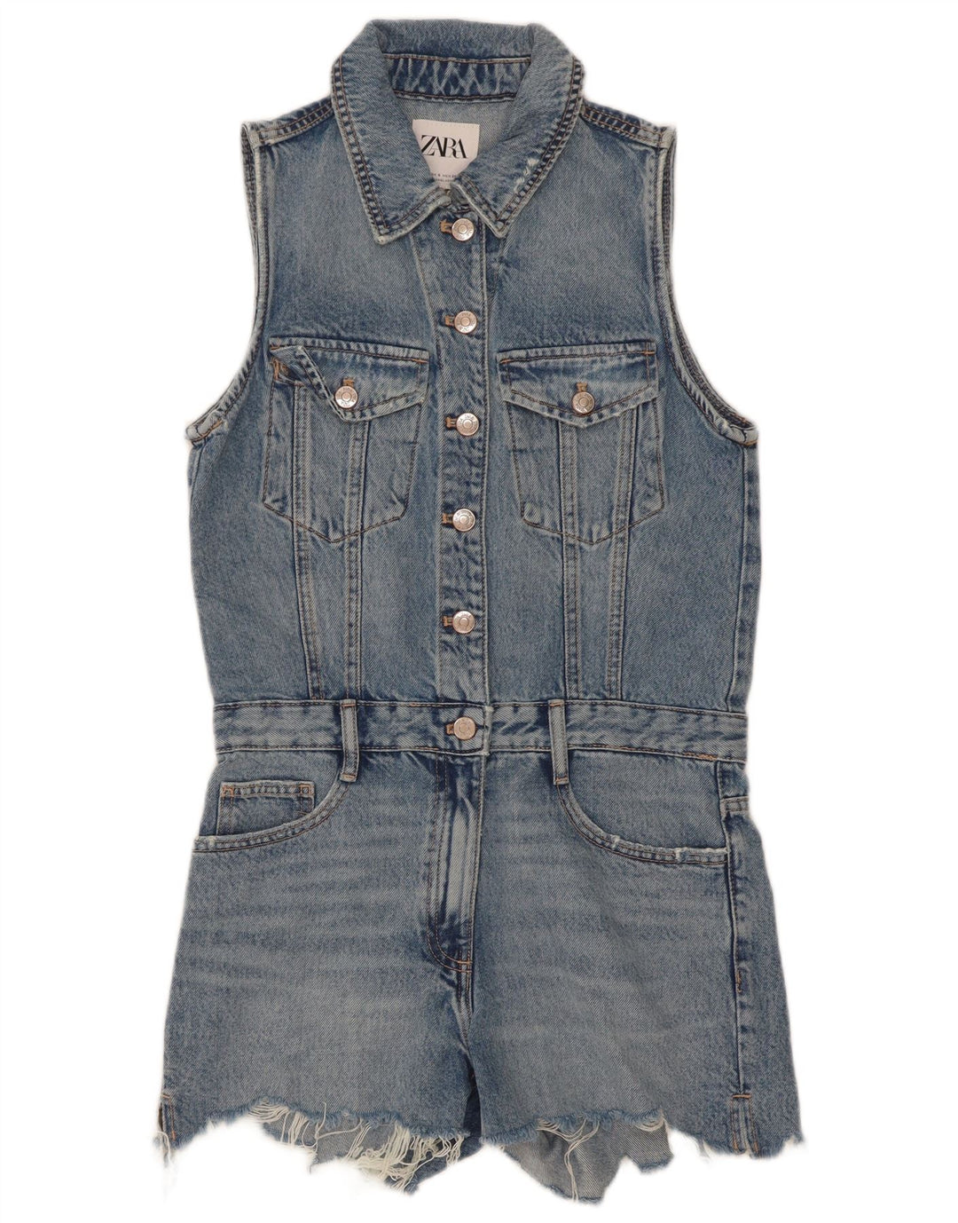 Tutina corta in denim senza maniche da donna Zara UK 10 piccola in cotone blu