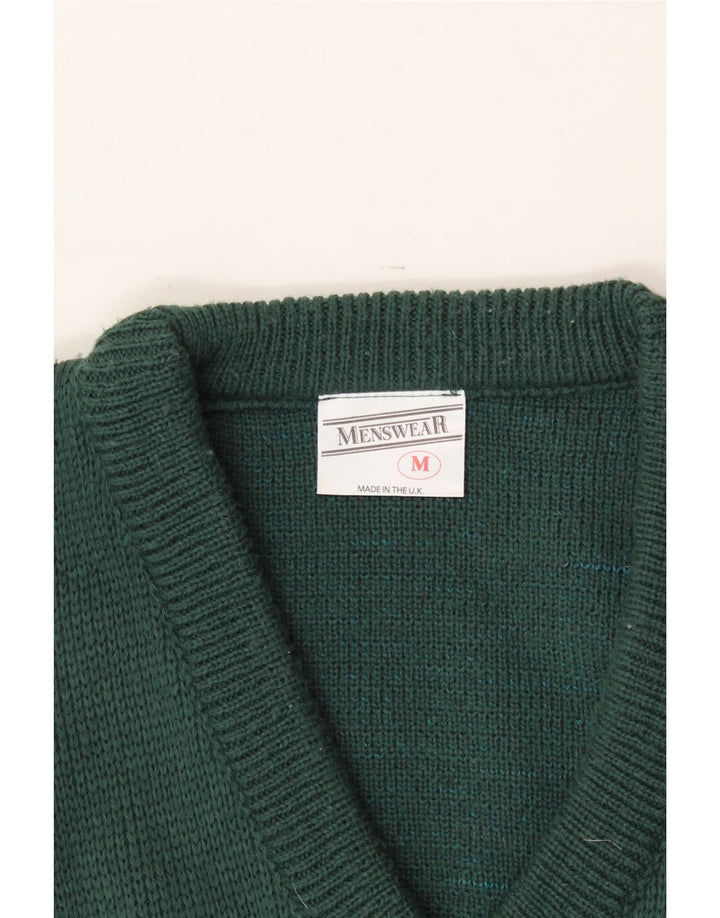 VINTAGE Mens V-Neck Jumper Sweater Medium Green Geometric Acrylic Vintage Vintage and Second-Hand Vintage from Messina Hembry 