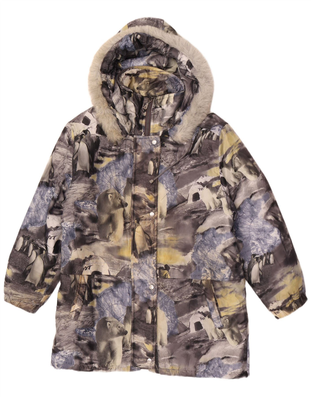 Cappotto vintage da donna con giacca a vento con cappuccio UK 14/16 grande multicolore