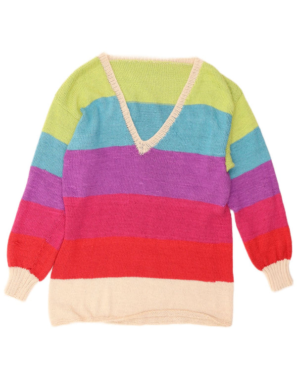 Maglione maglione con scollo a V da donna VINTAGE UK 12 a righe multicolori medie