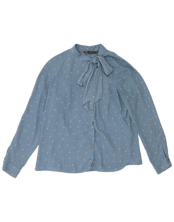 Zara Trafaluc, camicia da donna con cravatta sul davanti, camicetta UK 14, blu medio maculato