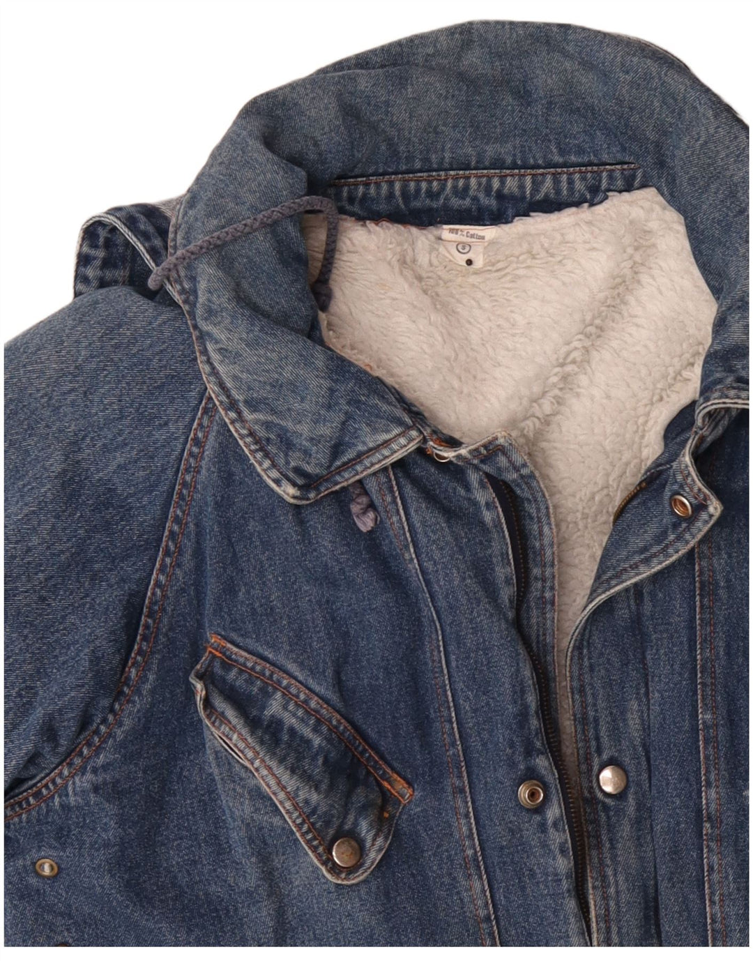 Giacca sherpa in denim oversize da uomo VINTAGE con cappuccio UK 36 piccolo cotone blu